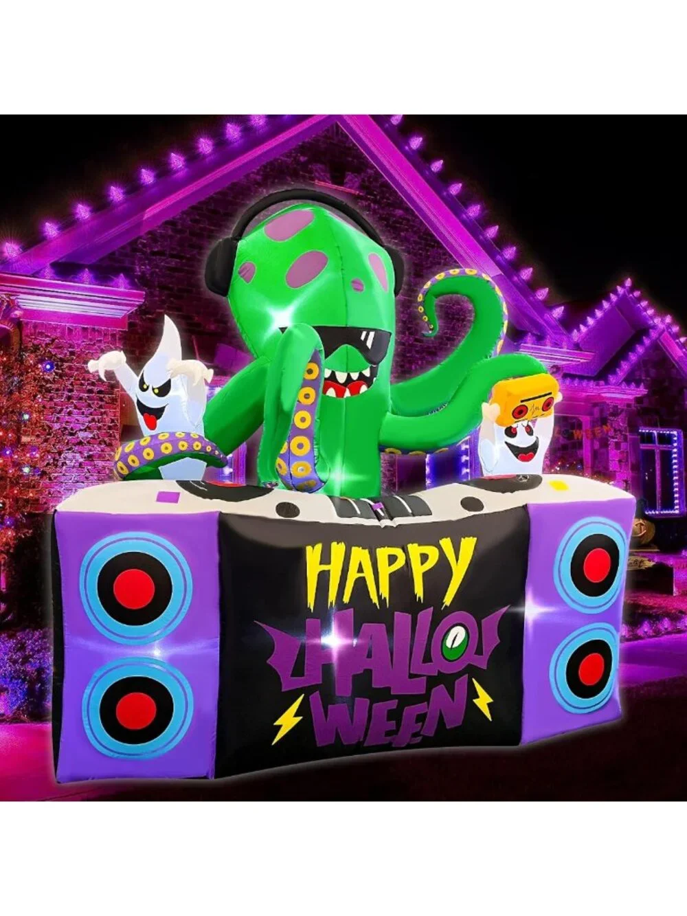 6FT Halloween DJ Octopus Inflatable with Music Turntable - Fun Outdoor Decor